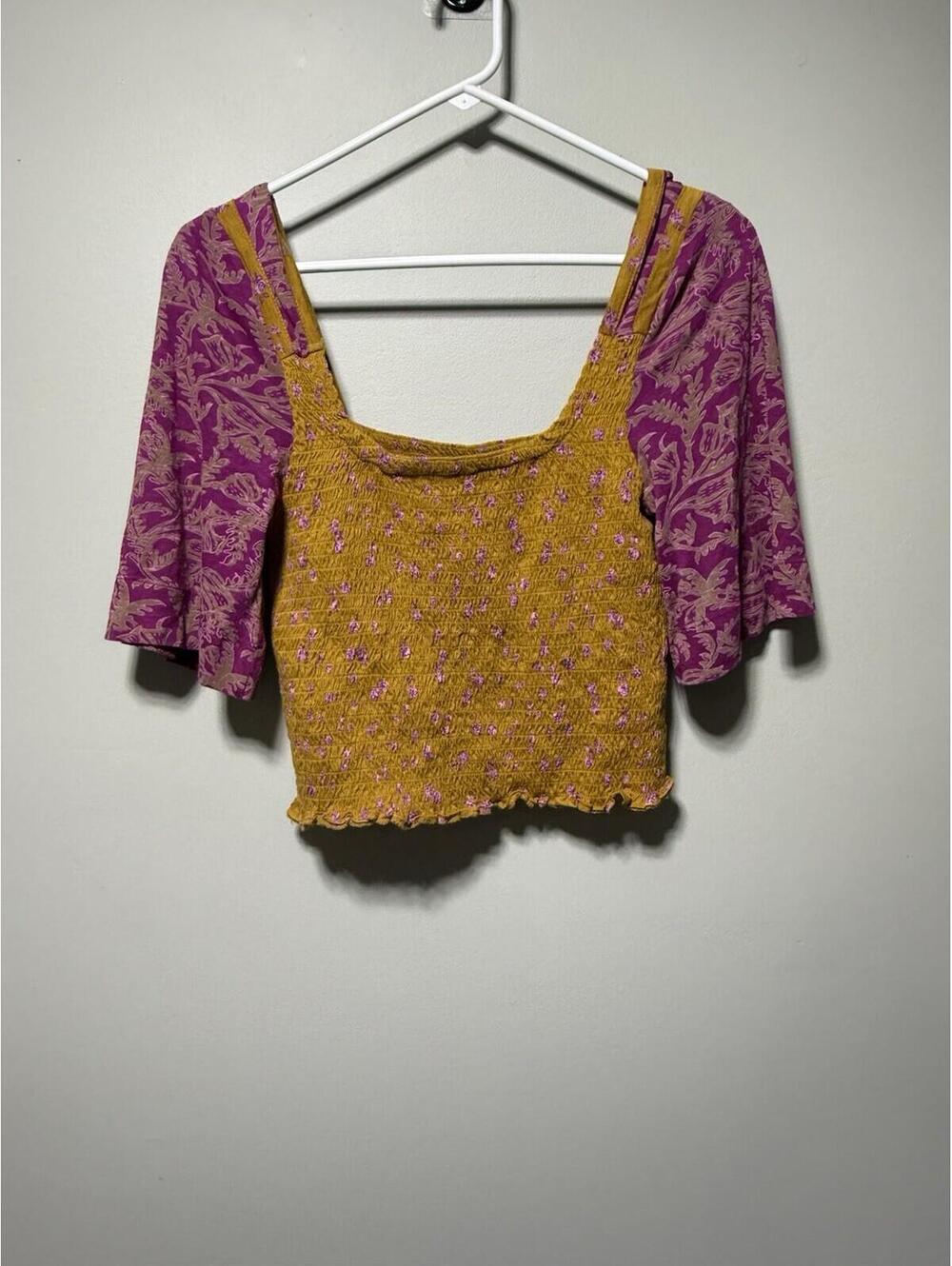 Free People Marigold Tee Smocked Crop Top Golden Combo S Boho NWT